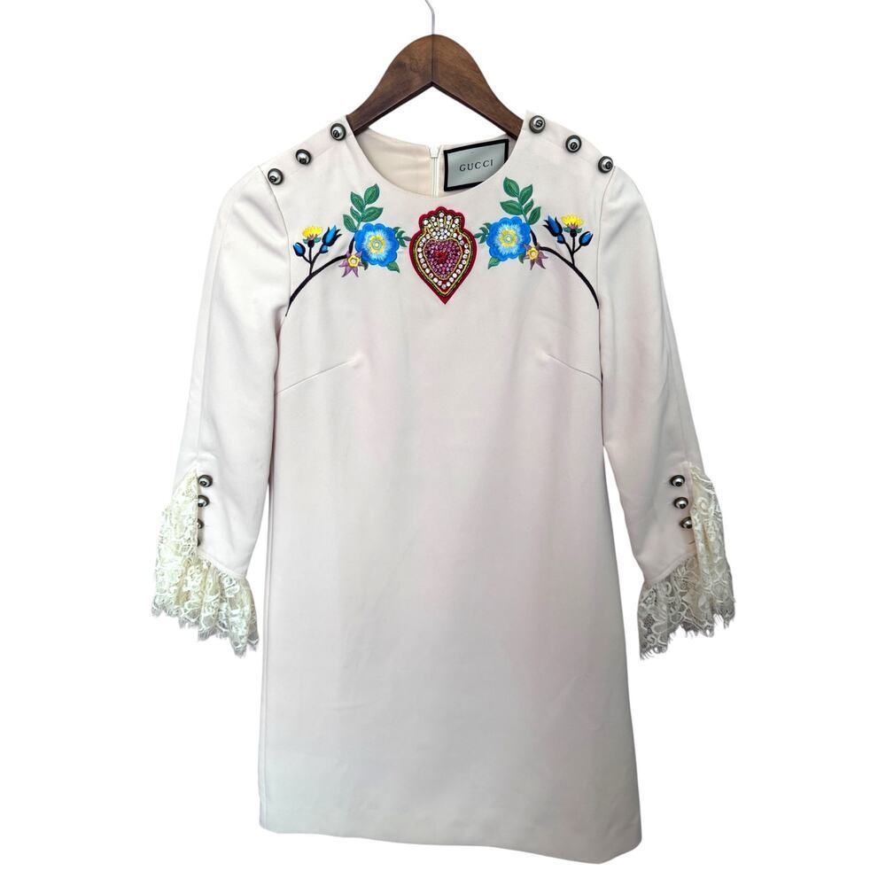 Cream Floral Embroidered Lace Sleeve Mini Dress 34 Bust Heart Detail‎